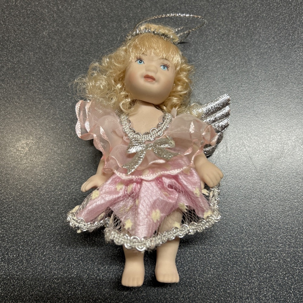 Vtg Porcelain Doll Angel Ornament Blonde Ringlets Hair Pink Dress Articulated